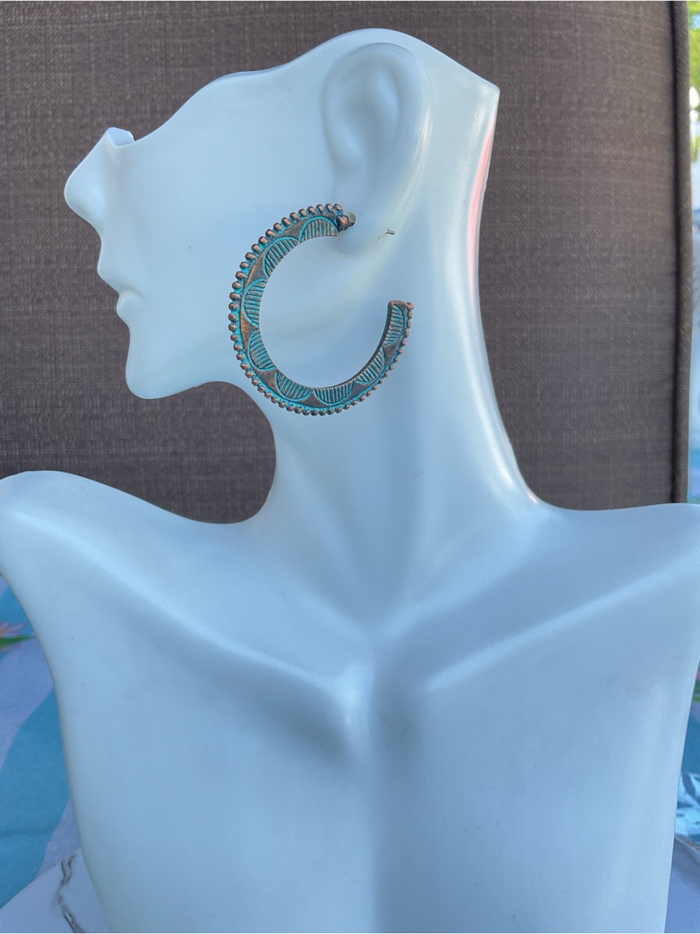🌟🌟 Turquoise Patina Hoop Earrings - Fashion Jewelry - Picture 4 of 5